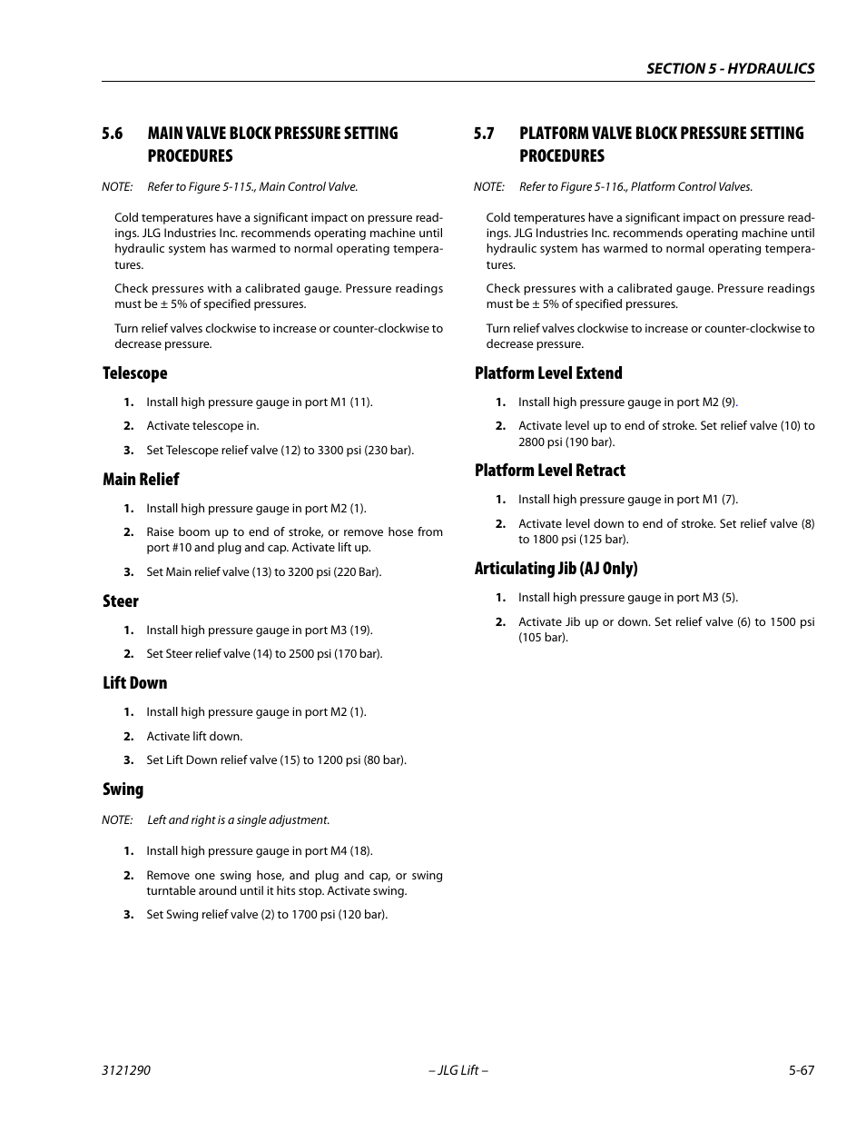 6 main valve block pressure setting procedures, Telescope, Main relief | Steer, Lift down, Swing, 7 platform valve block pressure setting procedures, Platform level extend, Platform level retract, Articulating jib (aj only) | JLG 450A_AJ Series II Service Manual User Manual | Page 307 / 396