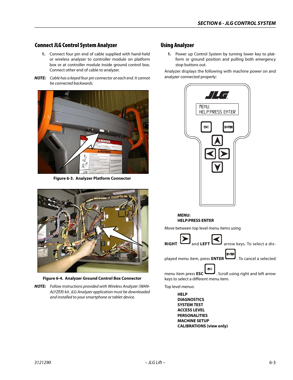 Connect jlg control system analyzer, Using analyzer, Analyzer platform connector -3 | Analyzer ground control box connector -3 | JLG 450A_AJ Series II Service Manual User Manual | Page 313 / 396