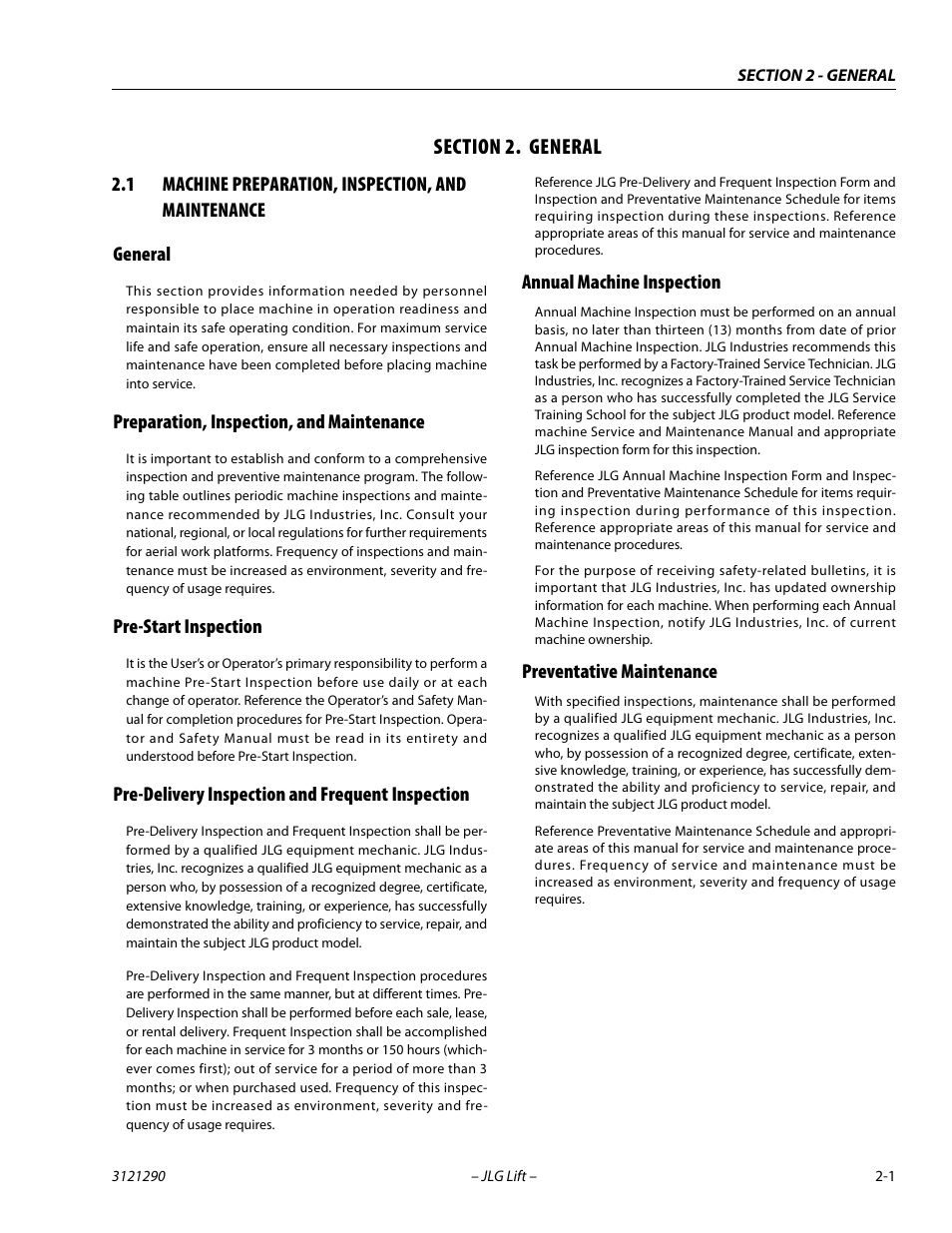 Section 2. general, 1 machine preparation, inspection, and maintenance, General | Preparation, inspection, and maintenance, Pre-start inspection, Pre-delivery inspection and frequent inspection, Annual machine inspection, Preventative maintenance, Section, 2 - general | JLG 450A_AJ Series II Service Manual User Manual | Page 33 / 396