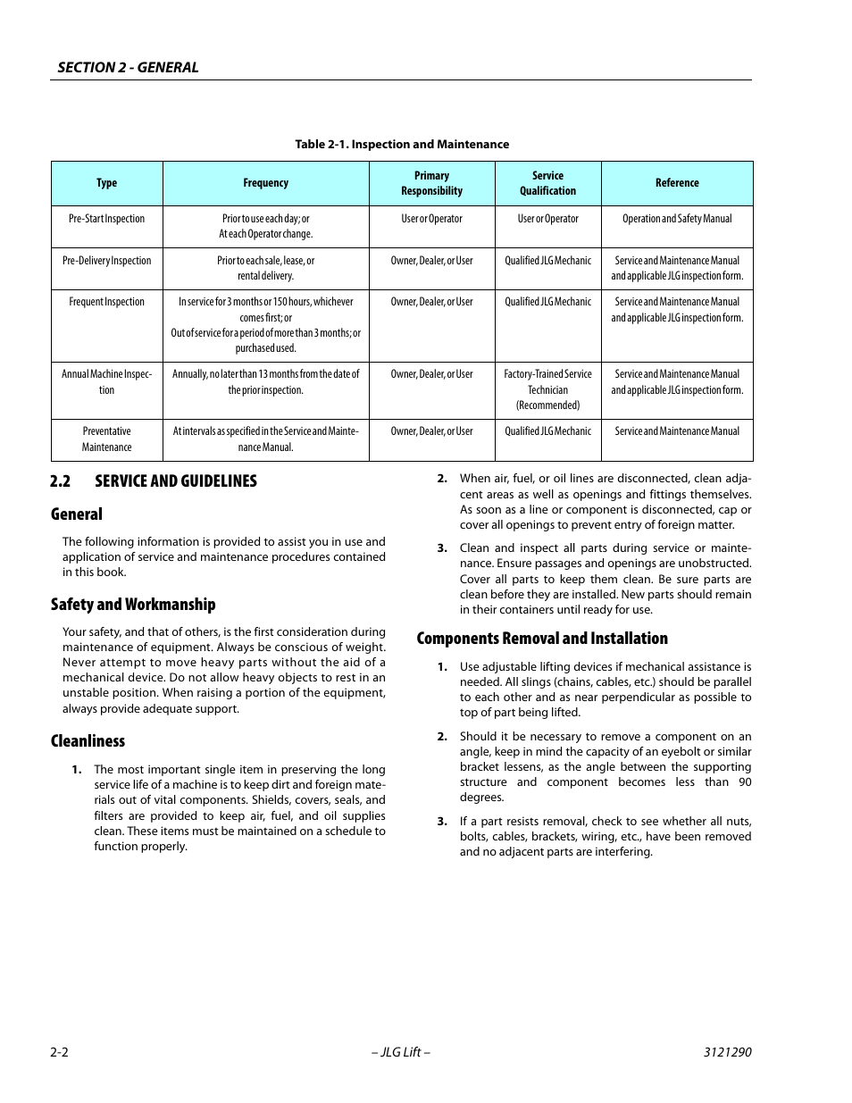 2 service and guidelines, General, Safety and workmanship | Cleanliness, Components removal and installation, Service and guidelines -2, Inspection and maintenance -2, 2 service and guidelines general | JLG 450A_AJ Series II Service Manual User Manual | Page 34 / 396