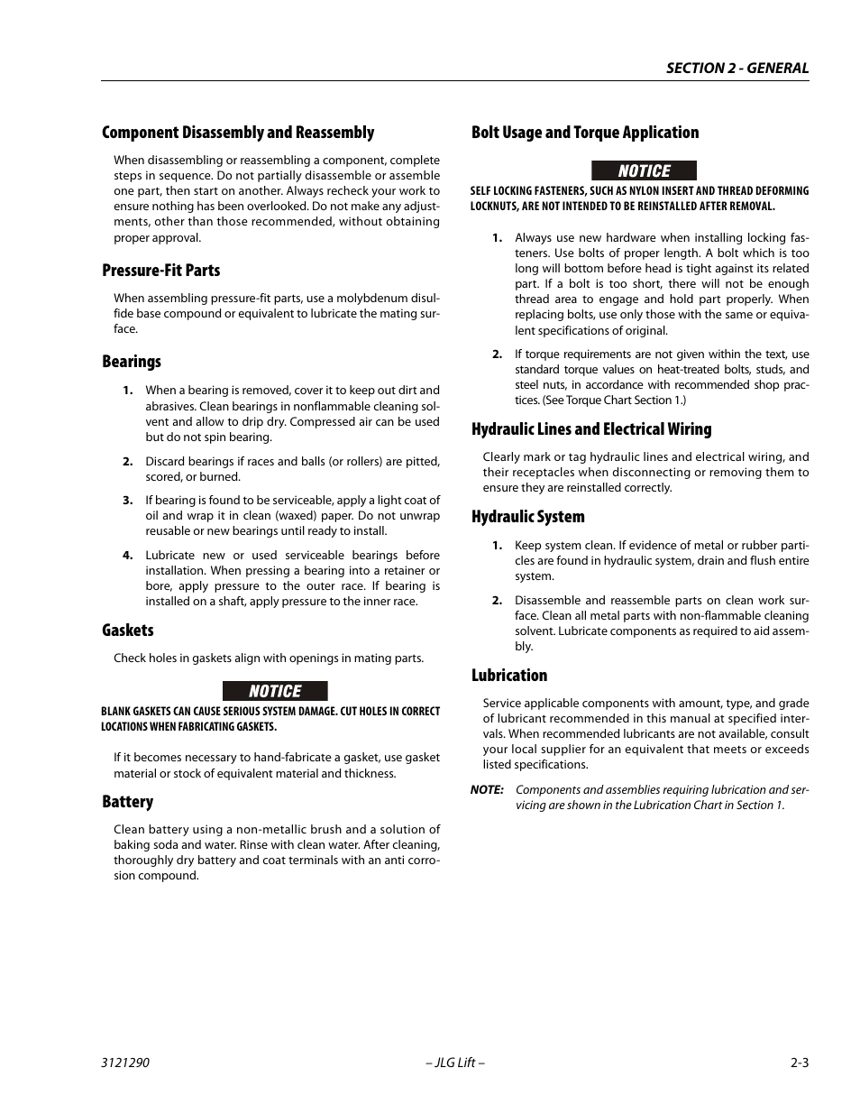 Component disassembly and reassembly, Pressure-fit parts, Bearings | Gaskets, Battery, Bolt usage and torque application, Hydraulic lines and electrical wiring, Hydraulic system, Lubrication | JLG 450A_AJ Series II Service Manual User Manual | Page 35 / 396