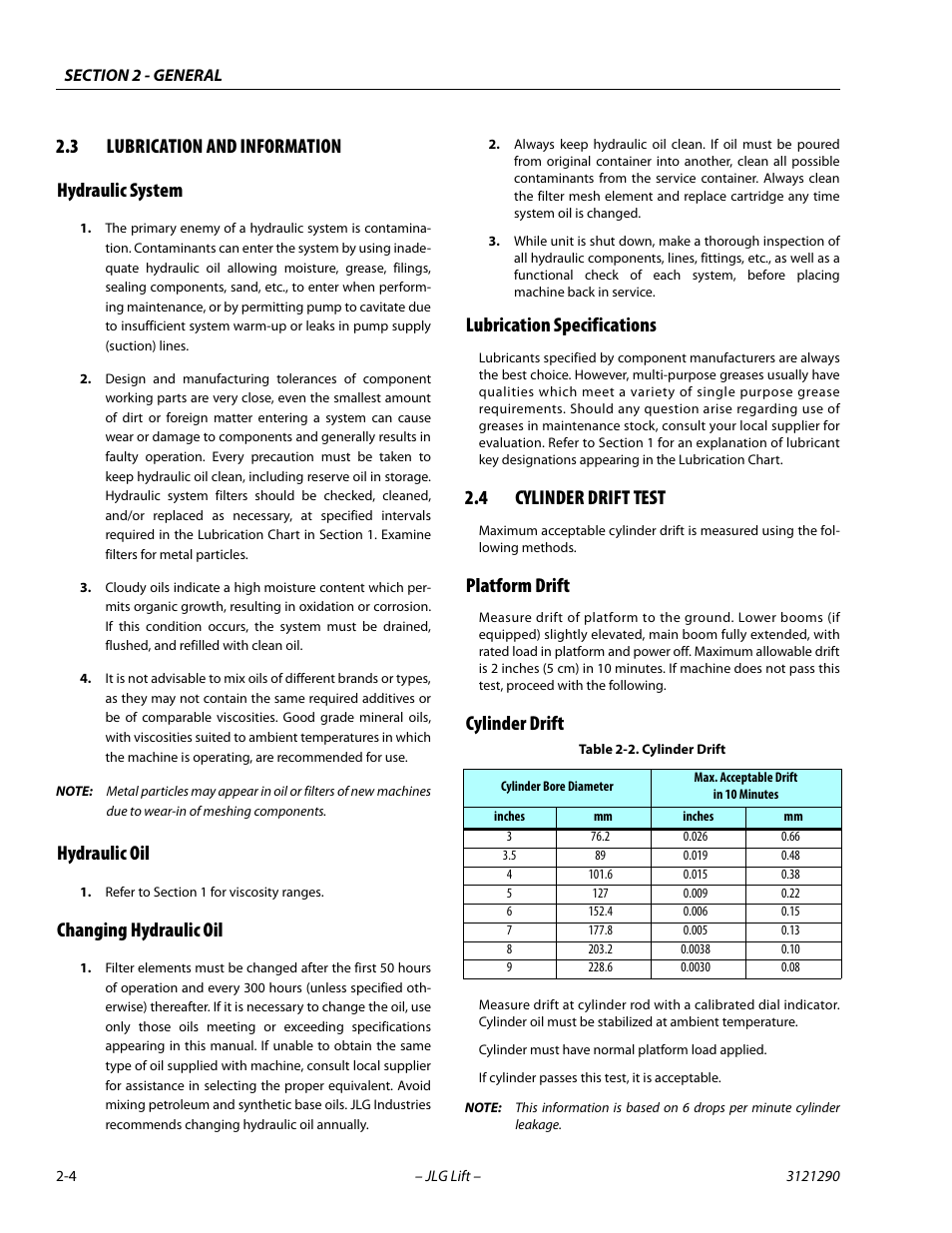 3 lubrication and information, Hydraulic system, Hydraulic oil | Changing hydraulic oil, Lubrication specifications, 4 cylinder drift test, Platform drift, Cylinder drift, Lubrication and information -4, Cylinder drift test -4 | JLG 450A_AJ Series II Service Manual User Manual | Page 36 / 396
