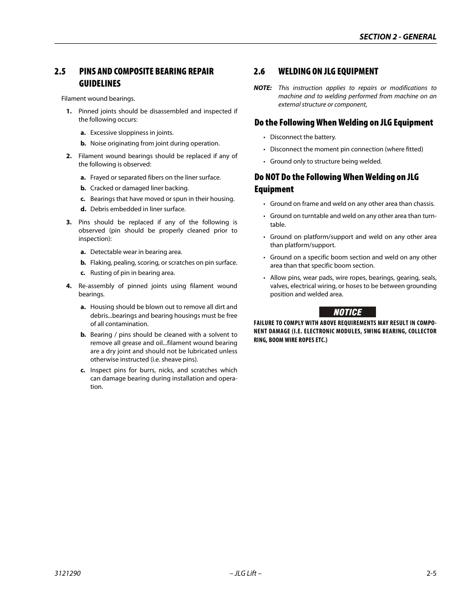 5 pins and composite bearing repair guidelines, 6 welding on jlg equipment, Do the following when welding on jlg equipment | Pins and composite bearing repair guidelines -5, Welding on jlg equipment -5 | JLG 450A_AJ Series II Service Manual User Manual | Page 37 / 396