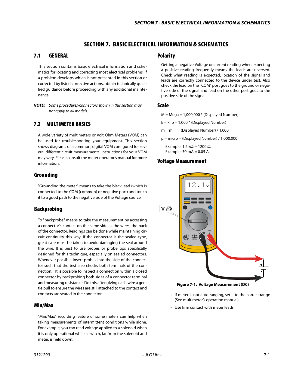 1 general, 2 multimeter basics, Grounding | Backprobing, Min/max, Polarity, Scale, Voltage measurement, Section, 7 - basic electrical information & schematics | JLG 450A_AJ Series II Service Manual User Manual | Page 371 / 396