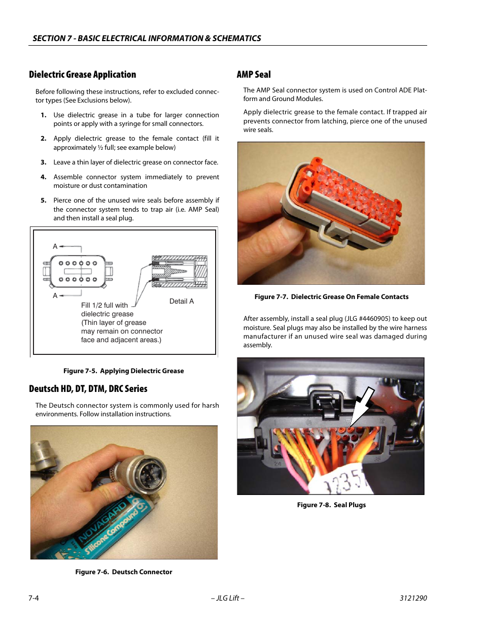 Dielectric grease application, Deutsch hd, dt, dtm, drc series, Amp seal | Applying dielectric grease -4, Deutsch connector -4, Dielectric grease on female contacts -4, Seal plugs -4 | JLG 450A_AJ Series II Service Manual User Manual | Page 374 / 396