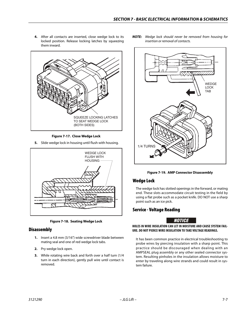Disassembly, Wedge lock, Service - voltage reading | Close wedge lock -7, Seating wedge lock -7, Amp connector disassembly -7 | JLG 450A_AJ Series II Service Manual User Manual | Page 377 / 396