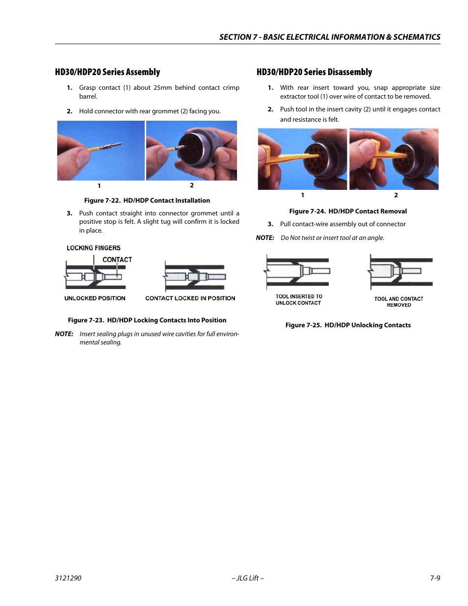 Hd30/hdp20 series assembly, Hd30/hdp20 series disassembly, Hd/hdp contact installation -9 | Hd/hdp locking contacts into position -9, Hd/hdp contact removal -9, Hd/hdp unlocking contacts -9 | JLG 450A_AJ Series II Service Manual User Manual | Page 379 / 396