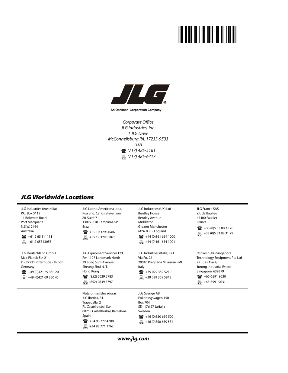 Jlg worldwide locations | JLG 450A_AJ Series II Service Manual User Manual | Page 396 / 396