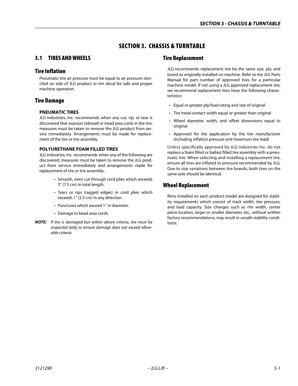Section 3. chassis & turntable, 1 tires and wheels, Tire inflation | Tire damage, Tire replacement, Wheel replacement, Section, 3 - chassis & turntable, Tires and wheels -1, 1 tires and wheels tire inflation | JLG 450A_AJ Series II Service Manual User Manual | Page 41 / 396