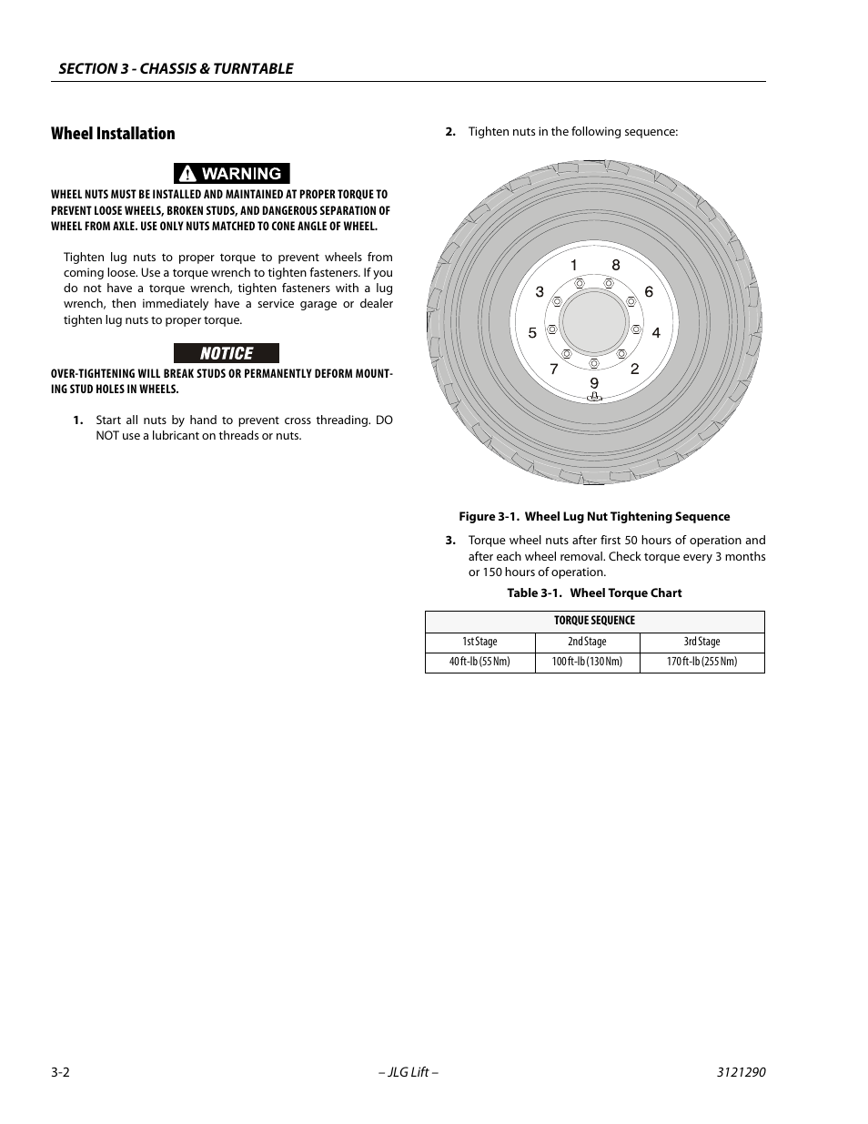 Wheel installation, Wheel installation -2, Wheel lug nut tightening sequence -2 | Wheel torque chart -2 | JLG 450A_AJ Series II Service Manual User Manual | Page 42 / 396