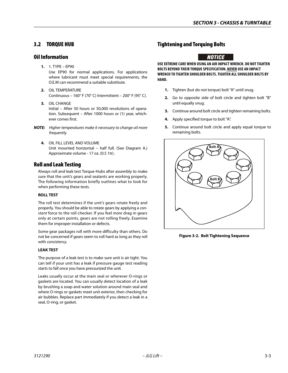 2 torque hub, Oil information, Roll and leak testing | Tightening and torquing bolts, Torque hub -3, Bolt tightening sequence -3, 2 torque hub oil information | JLG 450A_AJ Series II Service Manual User Manual | Page 43 / 396