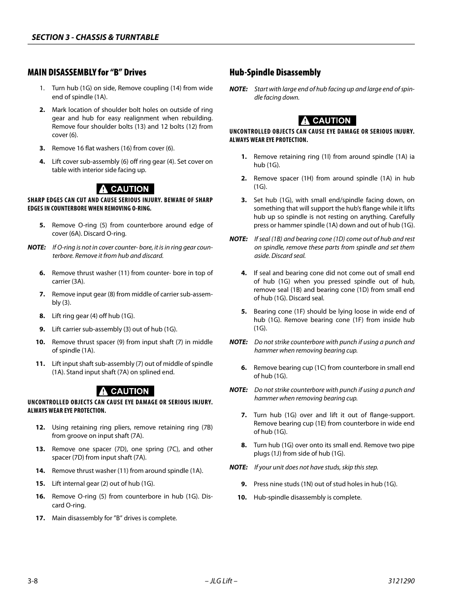 Main disassembly for “b” drives, Hub-spindle disassembly | JLG 450A_AJ Series II Service Manual User Manual | Page 48 / 396