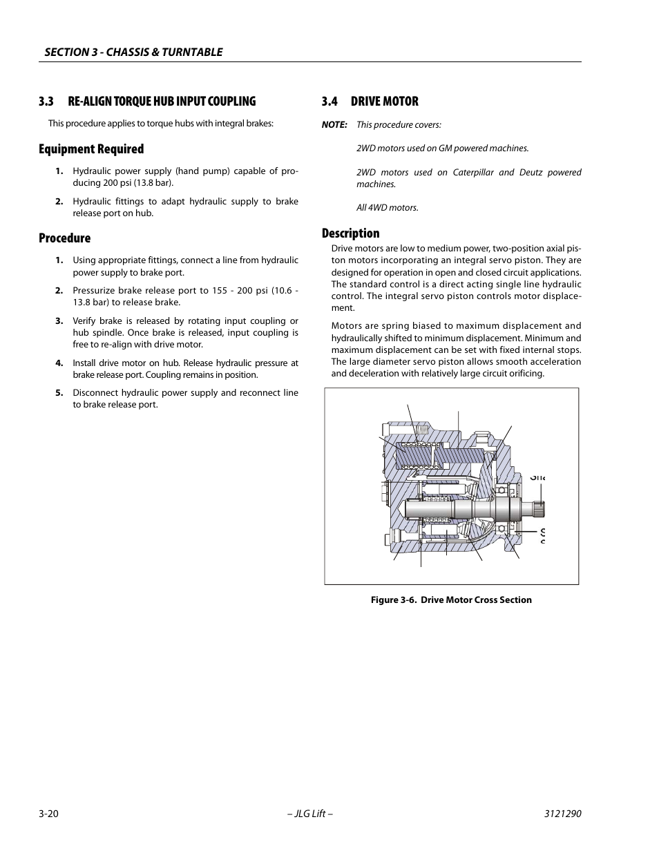 3 re-align torque hub input coupling, Equipment required, Procedure | 4 drive motor, Description, Re-align torque hub input coupling -20, Equipment required -20 procedure -20, Drive motor -20, Description -20, Drive motor cross section -20 | JLG 450A_AJ Series II Service Manual User Manual | Page 60 / 396