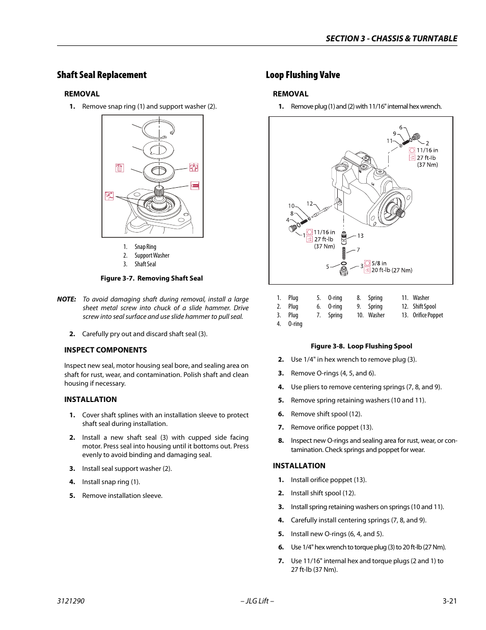 Shaft seal replacement, Loop flushing valve, Shaft seal replacement -21 loop flushing valve -21 | Removing shaft seal -21, Loop flushing spool -21 | JLG 450A_AJ Series II Service Manual User Manual | Page 61 / 396