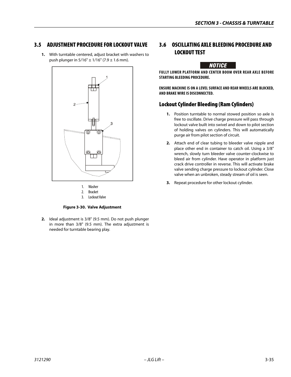 5 adjustment procedure for lockout valve, Lockout cylinder bleeding (ram cylinders), Adjustment procedure for lockout valve -35 | Lockout cylinder bleeding (ram cylinders) -35, Valve adjustment -35 | JLG 450A_AJ Series II Service Manual User Manual | Page 75 / 396
