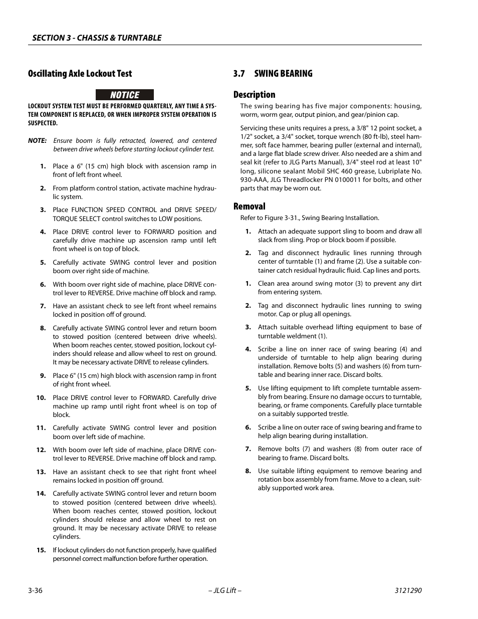 Oscillating axle lockout test, 7 swing bearing, Description | Removal, Oscillating axle lockout test -36, Swing bearing -36, Description -36 removal -36, 7 swing bearing description | JLG 450A_AJ Series II Service Manual User Manual | Page 76 / 396