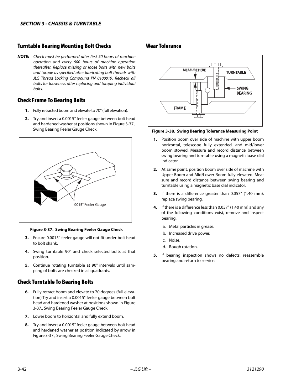 Turntable bearing mounting bolt checks, Check frame to bearing bolts, Check turntable to bearing bolts | Wear tolerance, Swing bearing feeler gauge check -42, Swing bearing tolerance measuring point -42 | JLG 450A_AJ Series II Service Manual User Manual | Page 82 / 396