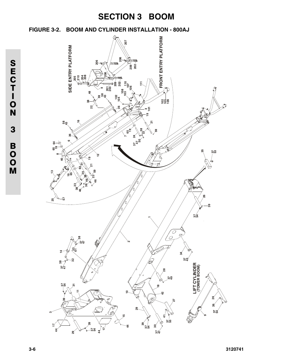 Figure 3-2. boom and cylinder installation - 800aj, Boom and cylinder installation - 800aj -6 | JLG 800A_AJ ANSI Parts Manual User Manual | Page 140 / 318