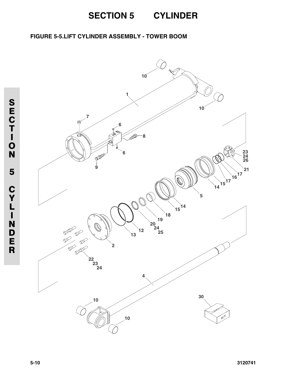 Figure 5-5. lift cylinder assembly - tower boom, Lift cylinder assembly - tower boom -10 | JLG 800A_AJ ANSI Parts Manual User Manual | Page 212 / 318