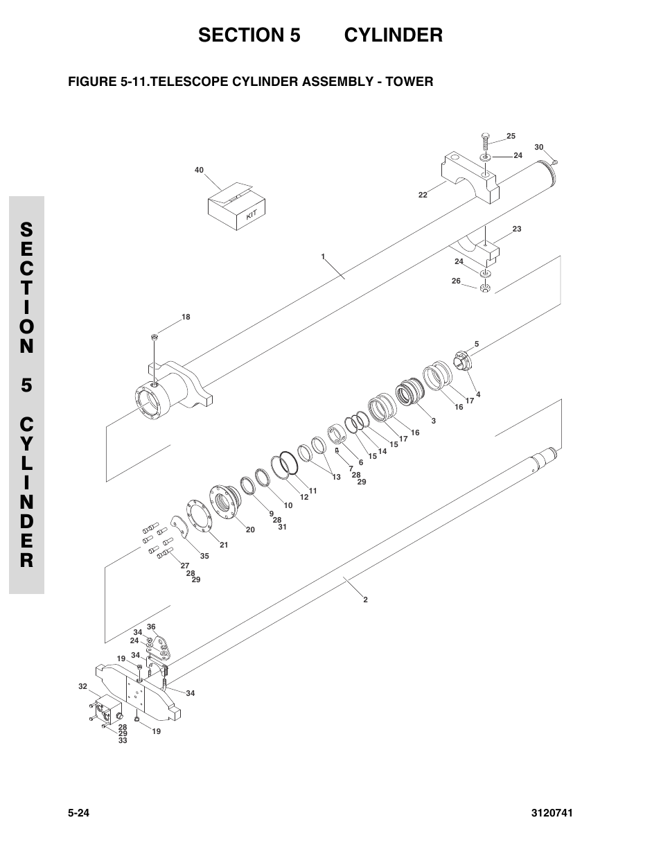 Figure 5-11. telescope cylinder assembly - tower, Telescope cylinder assembly - tower -24 | JLG 800A_AJ ANSI Parts Manual User Manual | Page 226 / 318