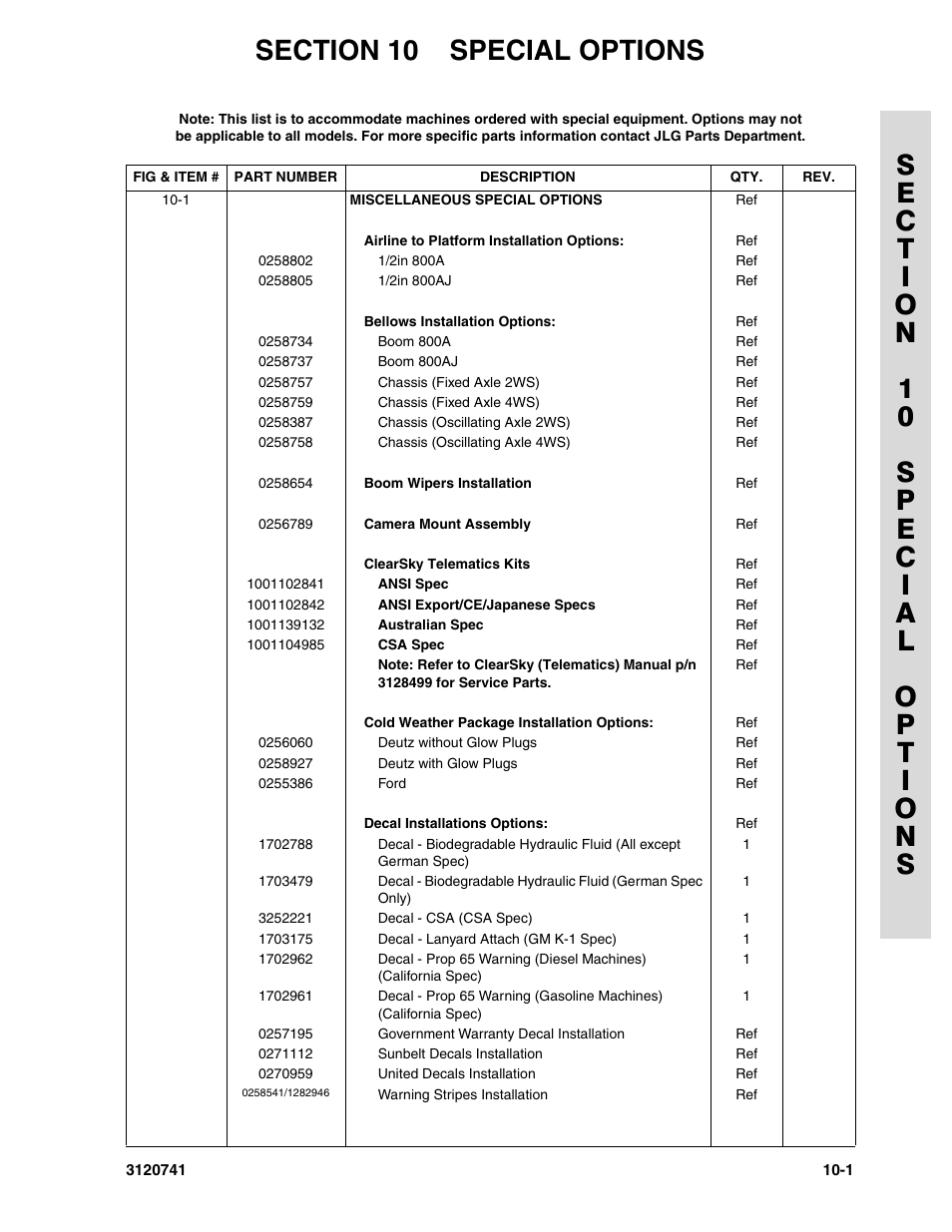 Section 10 special options | JLG 800A_AJ ANSI Parts Manual User Manual | Page 299 / 318