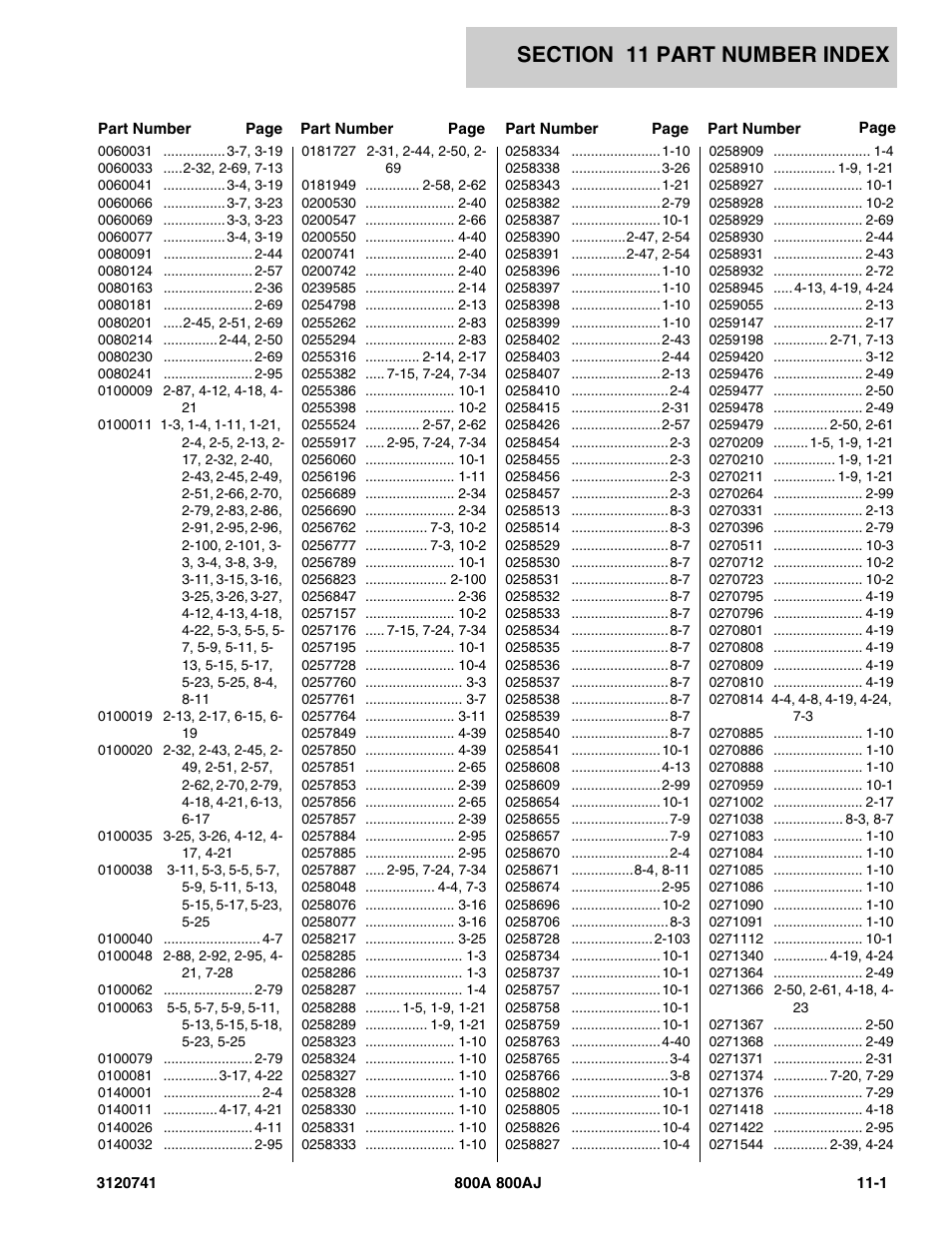 Section 11 part number index | JLG 800A_AJ ANSI Parts Manual User Manual | Page 303 / 318