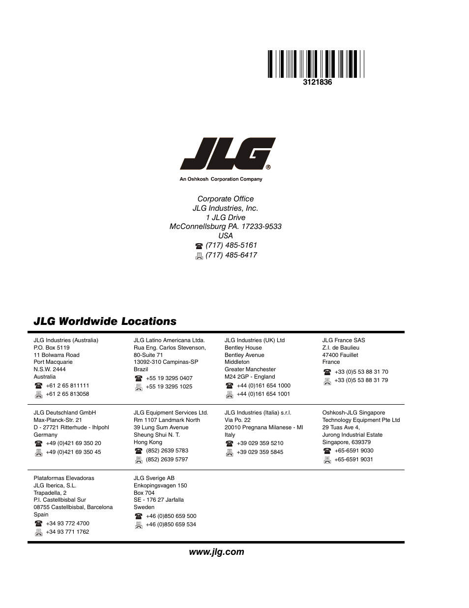 Jlg worldwide locations | JLG 4394RT EURO Parts Manual User Manual | Page 188 / 188