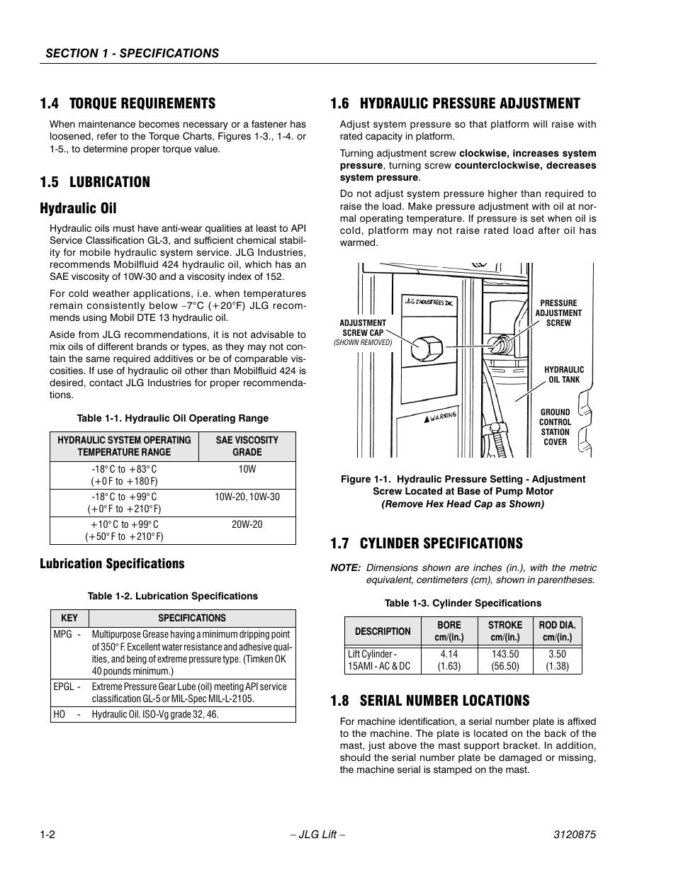 4 torque requirements, 5 lubrication, Hydraulic oil | Lubrication specifications, 6 hydraulic pressure adjustment, 7 cylinder specifications, 8 serial number locations, Torque requirements -2, Lubrication -2, Hydraulic oil -2 lubrication specifications -2 | JLG 19AMI (3120875) Service Manual User Manual | Page 12 / 70