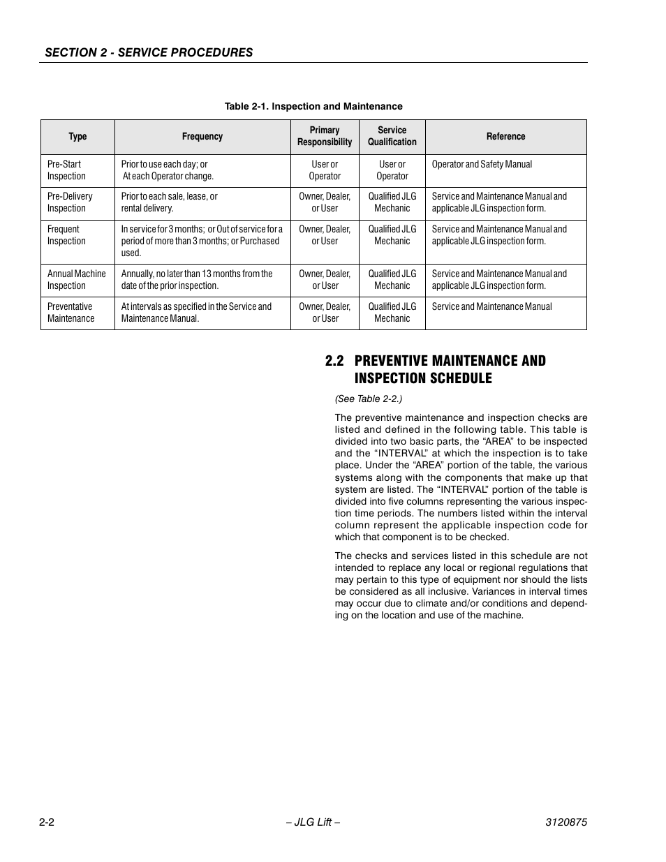 2 preventive maintenance and inspection schedule, Preventive maintenance and inspection schedule -2, Inspection and maintenance -2 | JLG 19AMI (3120875) Service Manual User Manual | Page 18 / 70