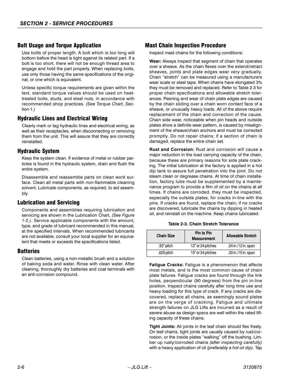 Bolt usage and torque application, Hydraulic lines and electrical wiring, Hydraulic system | Lubrication and servicing, Batteries, Mast chain inspection procedure, Chain stretch tolerance -6 | JLG 19AMI (3120875) Service Manual User Manual | Page 22 / 70