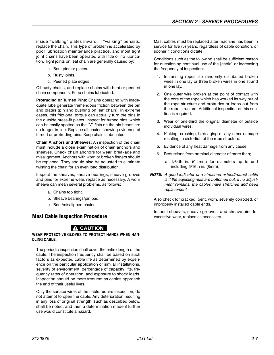 Mast cable inspection procedure, Mast cable inspection procedure -7 | JLG 19AMI (3120875) Service Manual User Manual | Page 23 / 70