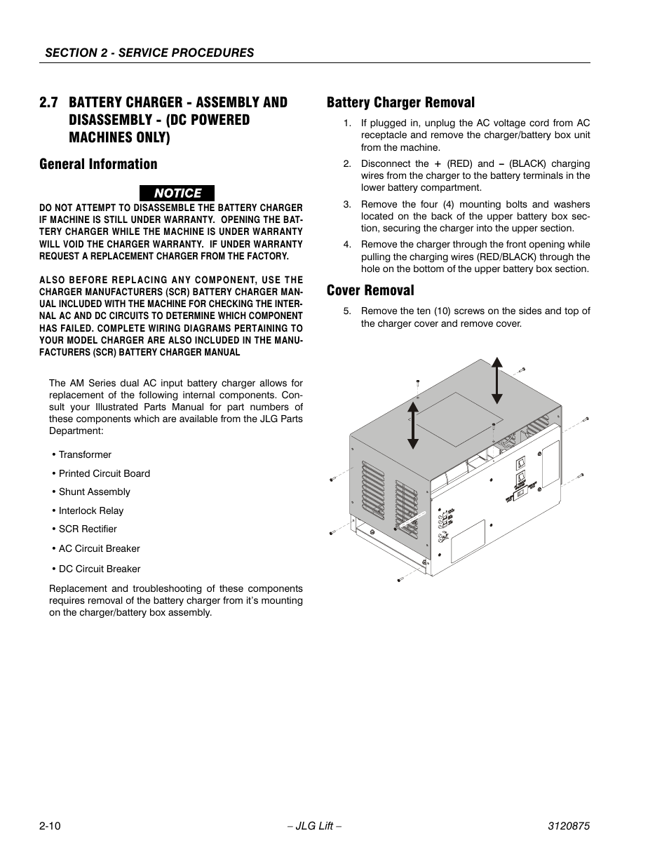 General information, Battery charger removal, Cover removal | JLG 19AMI (3120875) Service Manual User Manual | Page 26 / 70