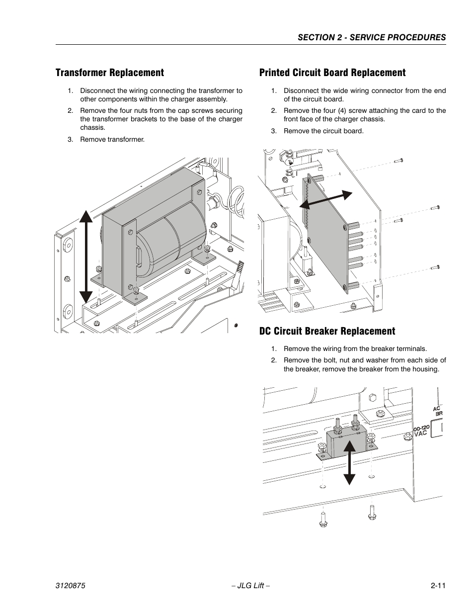 Transformer replacement, Printed circuit board replacement, Dc circuit breaker replacement | JLG 19AMI (3120875) Service Manual User Manual | Page 27 / 70