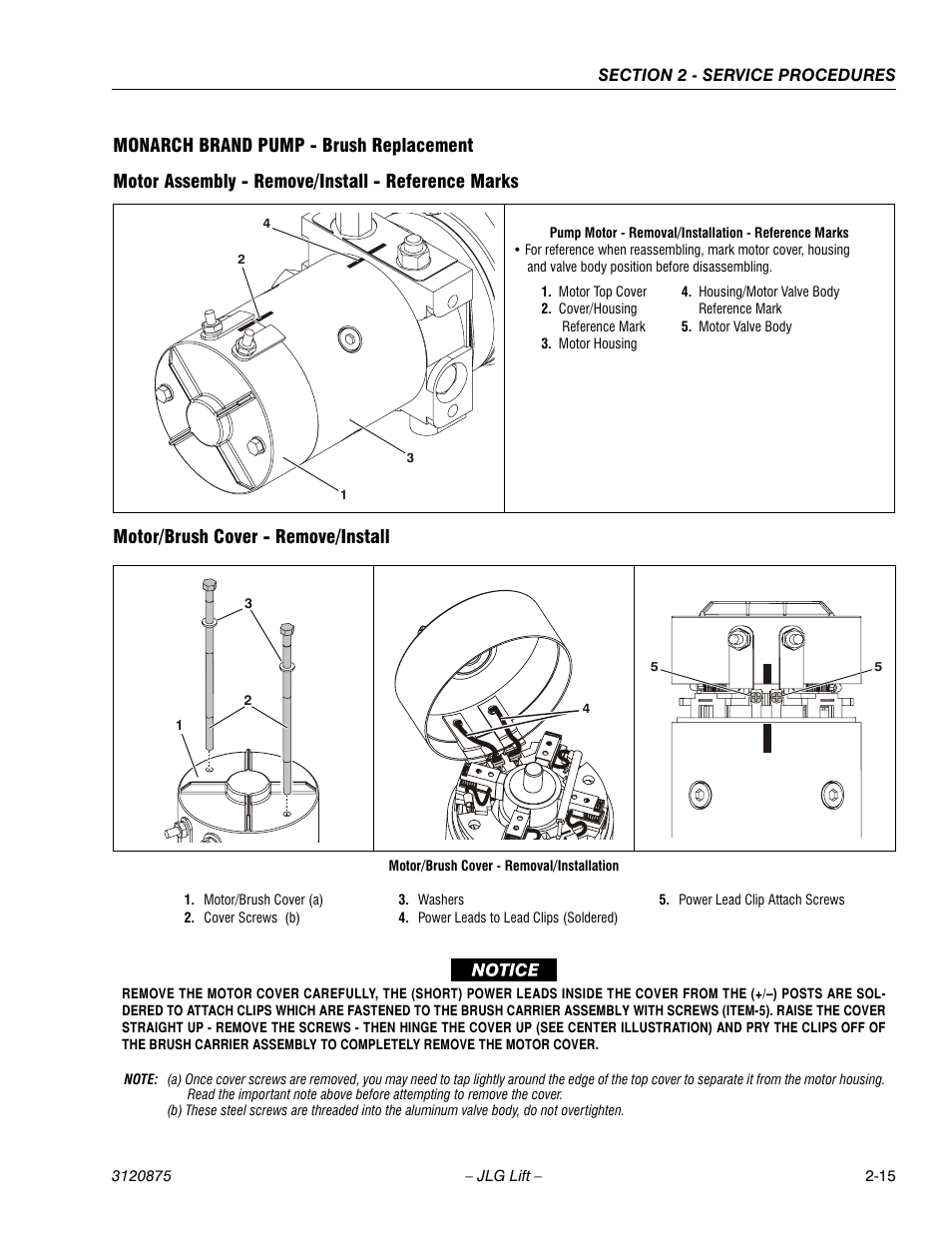 Monarch brand pump - brush replacement, Motor assembly - remove/install - reference marks, Motor/brush cover - remove/install | JLG 19AMI (3120875) Service Manual User Manual | Page 31 / 70