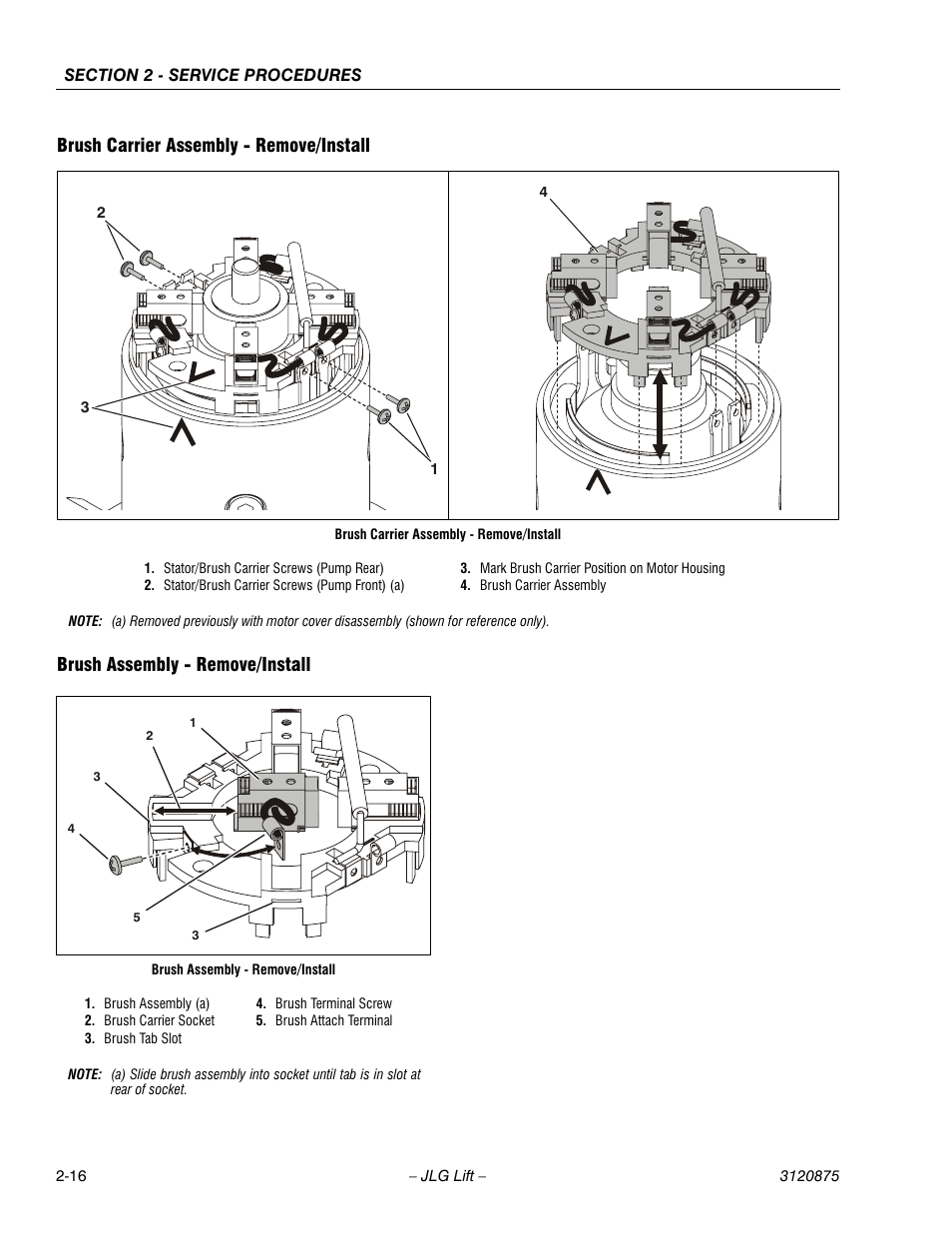 Brush carrier assembly - remove/install, Brush assembly - remove/install | JLG 19AMI (3120875) Service Manual User Manual | Page 32 / 70