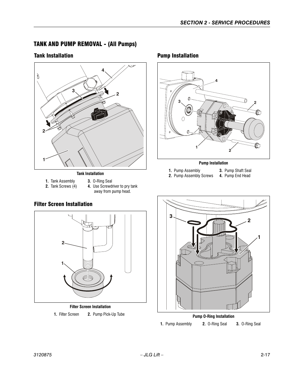 Tank and pump removal - (all pumps), Tank installation, Filter screen installation | Pump installation | JLG 19AMI (3120875) Service Manual User Manual | Page 33 / 70