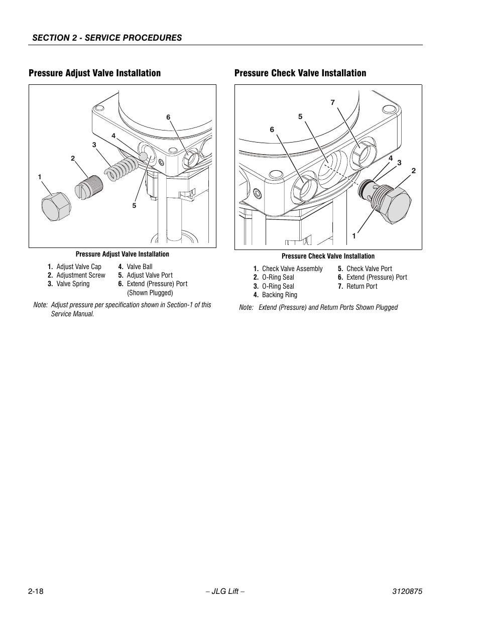 Pressure adjust valve installation, Pressure check valve installation | JLG 19AMI (3120875) Service Manual User Manual | Page 34 / 70