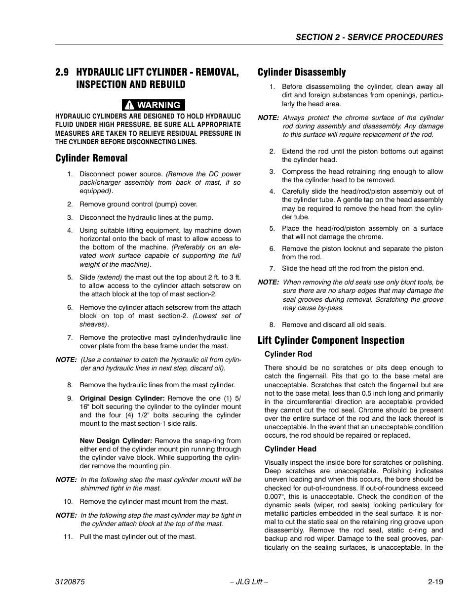 Cylinder removal, Cylinder disassembly, Lift cylinder component inspection | JLG 19AMI (3120875) Service Manual User Manual | Page 35 / 70