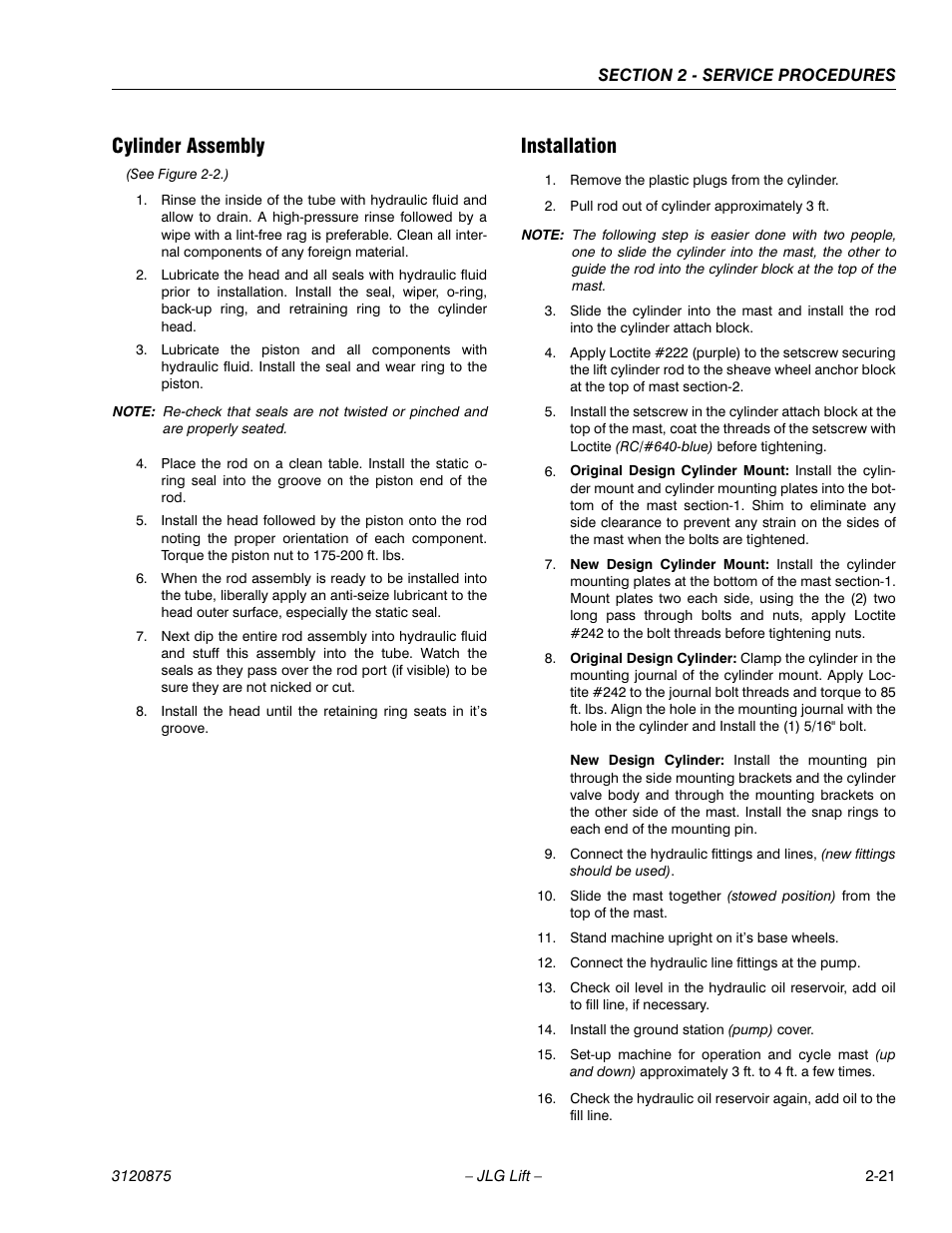 Cylinder assembly, Installation, Cylinder assembly -21 installation -21 | JLG 19AMI (3120875) Service Manual User Manual | Page 37 / 70