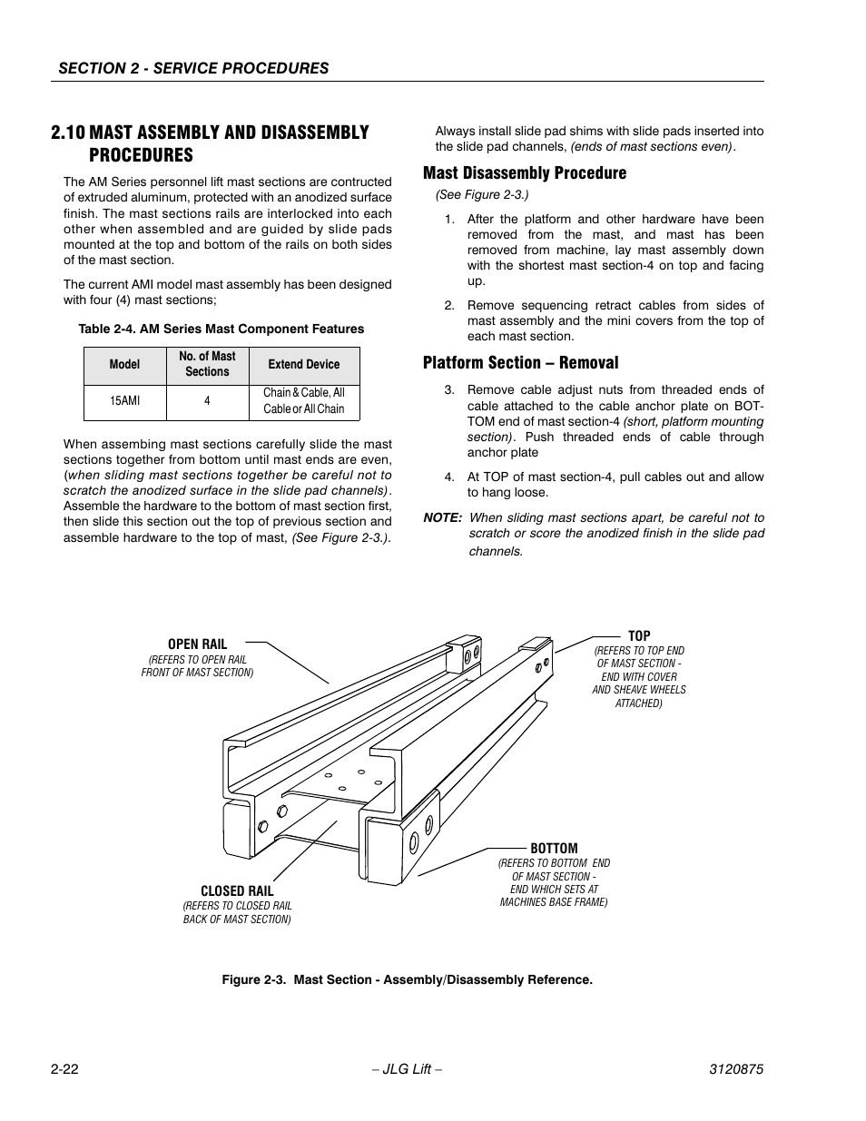 10 mast assembly and disassembly procedures, Mast disassembly procedure, Platform section - removal | 10 mast assembly and disassembly procedures -22, Mast section - assembly/disassembly reference -22, Am series mast component features -22 | JLG 19AMI (3120875) Service Manual User Manual | Page 38 / 70
