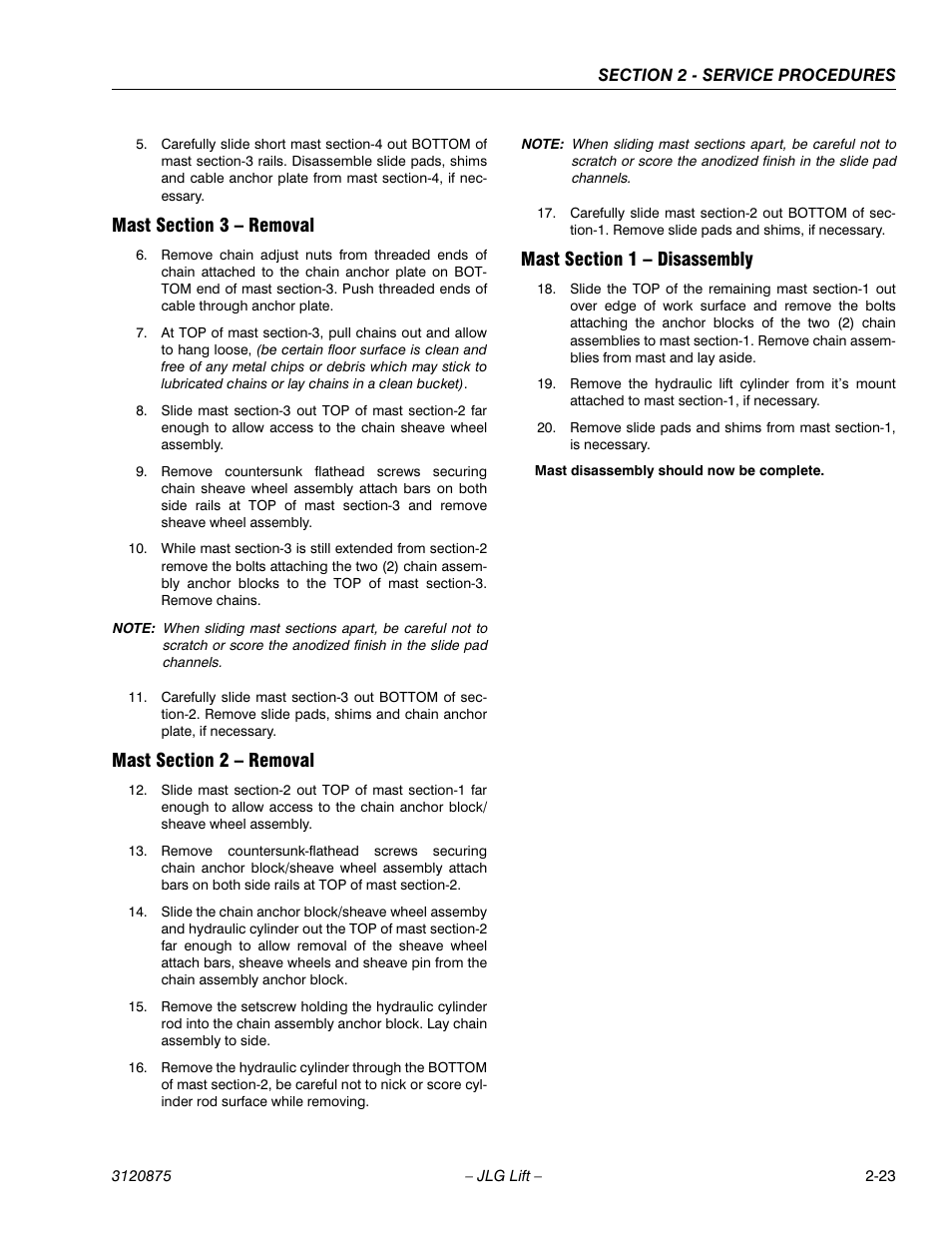 Mast section 3 - removal, Mast section 2 - removal, Mast section 1 - disassembly | JLG 19AMI (3120875) Service Manual User Manual | Page 39 / 70