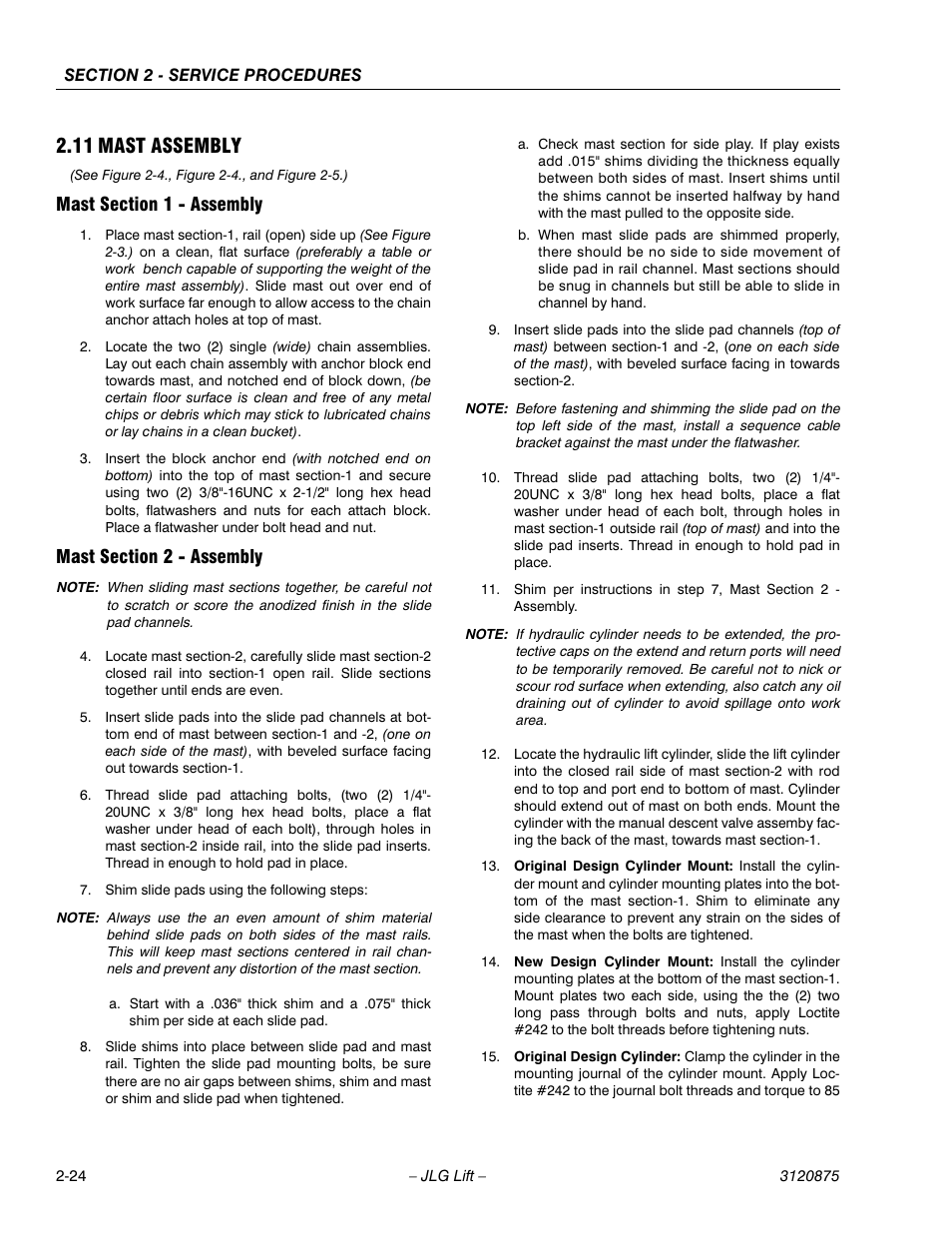 11 mast assembly, Mast section 1 - assembly, Mast section 2 - assembly | 11 mast assembly -24 | JLG 19AMI (3120875) Service Manual User Manual | Page 40 / 70