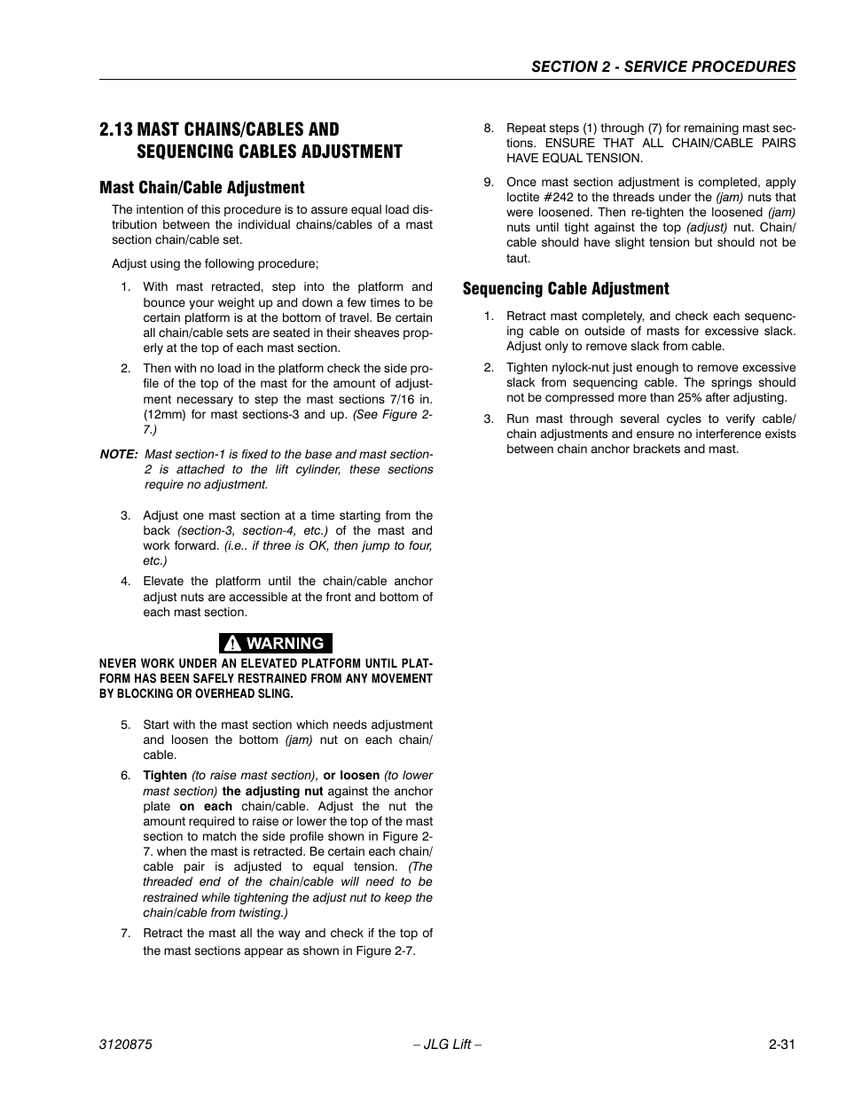 Mast chain/cable adjustment, Sequencing cable adjustment | JLG 19AMI (3120875) Service Manual User Manual | Page 47 / 70