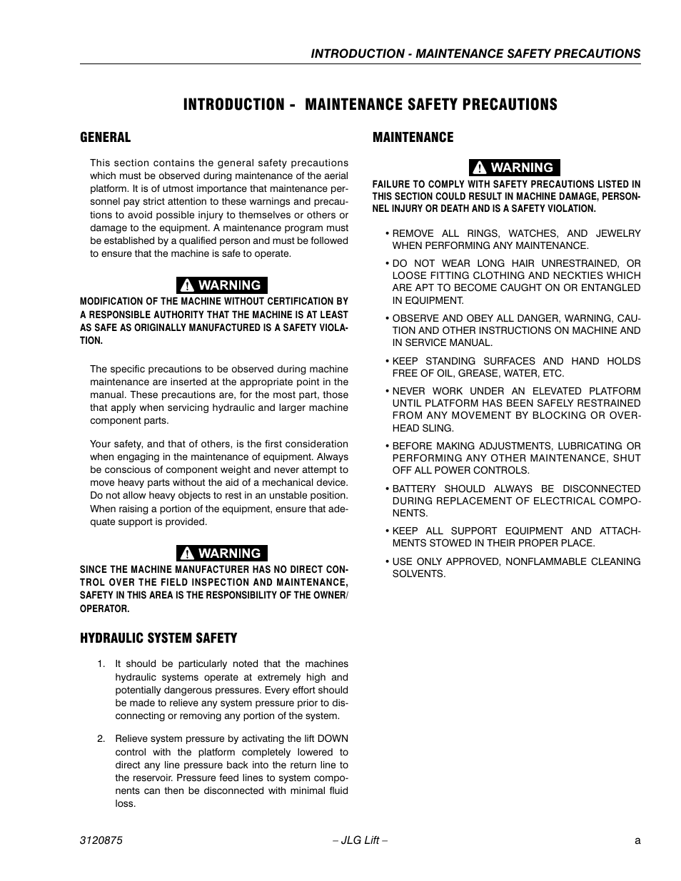 Introduction - maintenance safety precautions, General, Hydraulic system safety | Maintenance | JLG 19AMI (3120875) Service Manual User Manual | Page 5 / 70