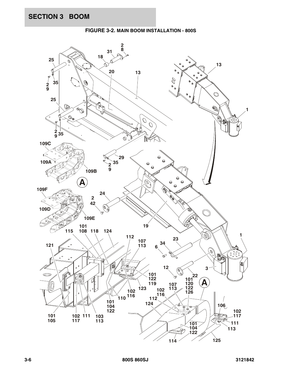 Figure 3-2. main boom installation - 800s | JLG 860SJ Parts Manual User Manual | Page 170 / 360