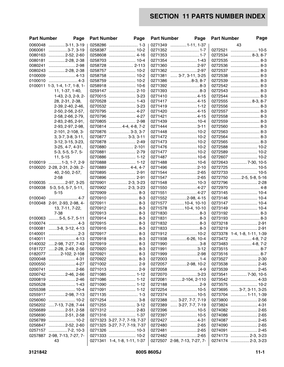 Section 11 parts number index, 11 - parts number index -1 | JLG 860SJ Parts Manual User Manual | Page 345 / 360