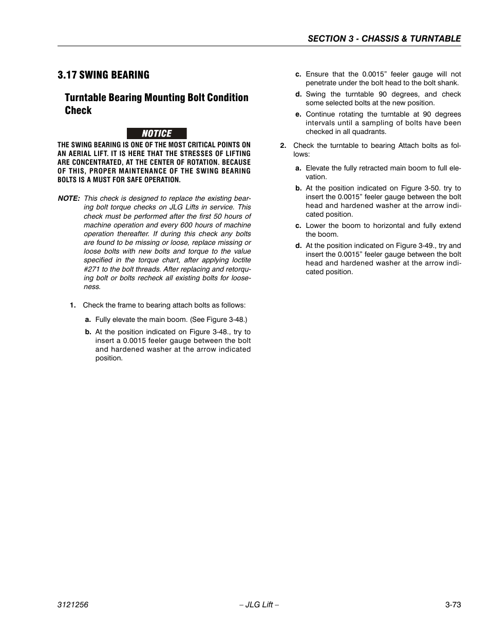 17 swing bearing, Turntable bearing mounting bolt condition check, Swing bearing -73 | JLG 1100S Service Manual User Manual | Page 115 / 442
