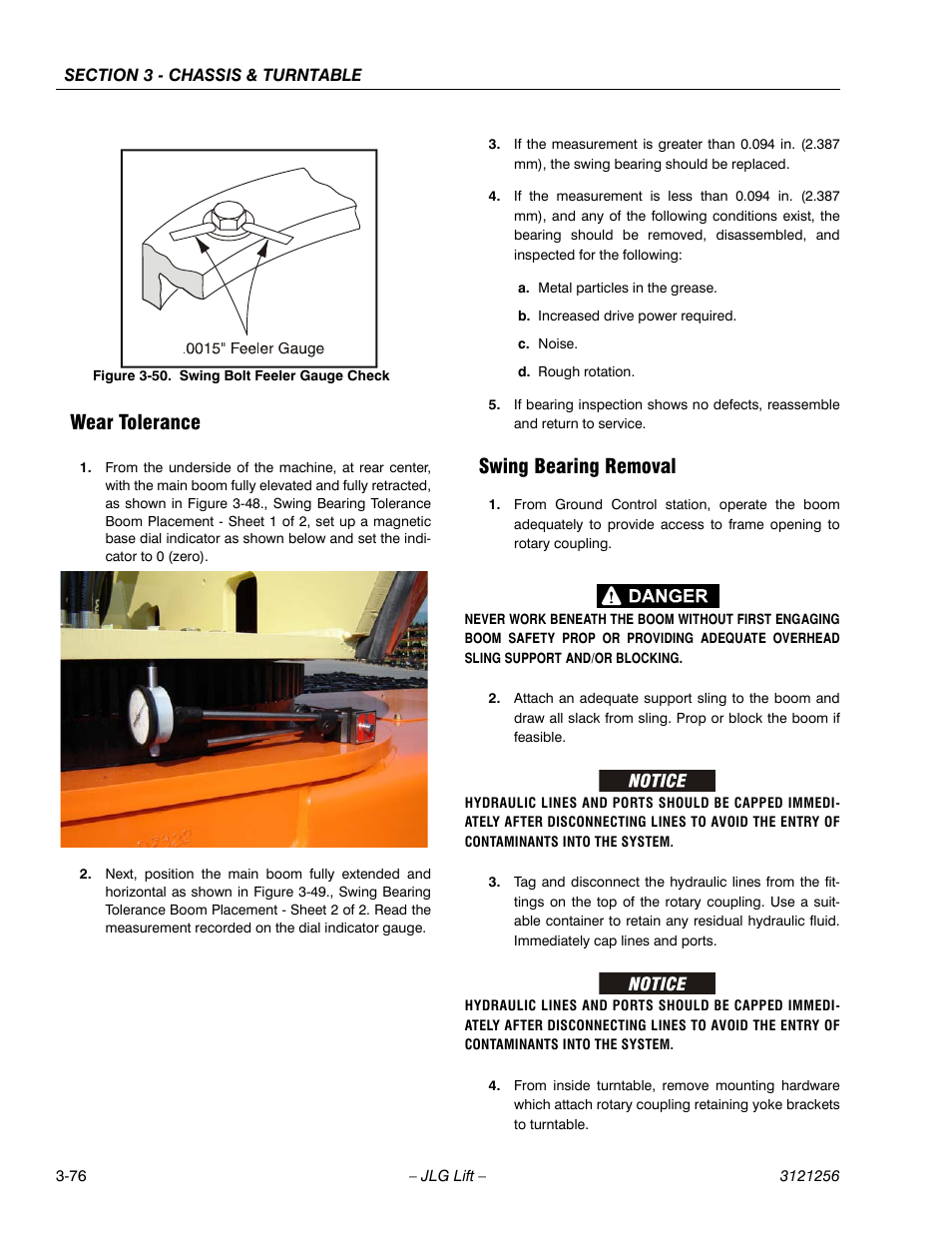 Wear tolerance, Swing bearing removal, Wear tolerance -76 swing bearing removal -76 | Swing bolt feeler gauge check -76, Dicated on figure 3-50 | JLG 1100S Service Manual User Manual | Page 118 / 442