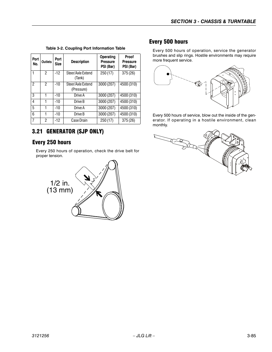 21 generator (sjp only), Every 250 hours, Every 500 hours | Generator (sjp only) -85, Every 250 hours -85 every 500 hours -85, Coupling port information table -85, 1/2 in. (13 mm) | JLG 1100S Service Manual User Manual | Page 127 / 442