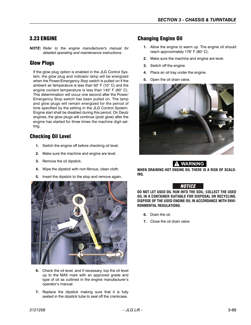 23 engine, Glow plugs, Checking oil level | Changing engine oil, Engine -89 | JLG 1100S Service Manual User Manual | Page 131 / 442